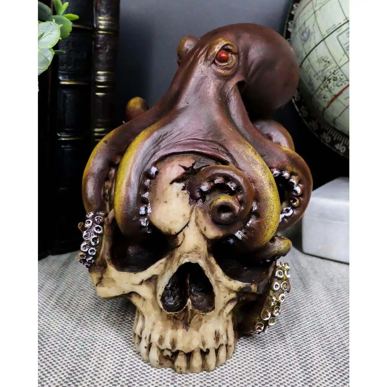 Red-Eyed Sea Monster Octopus Skull Figurine - 5.25" Tall, 5" Long, 4" Wide Gothic Home Decor Statue for Halloween, Gothic Party Indoors