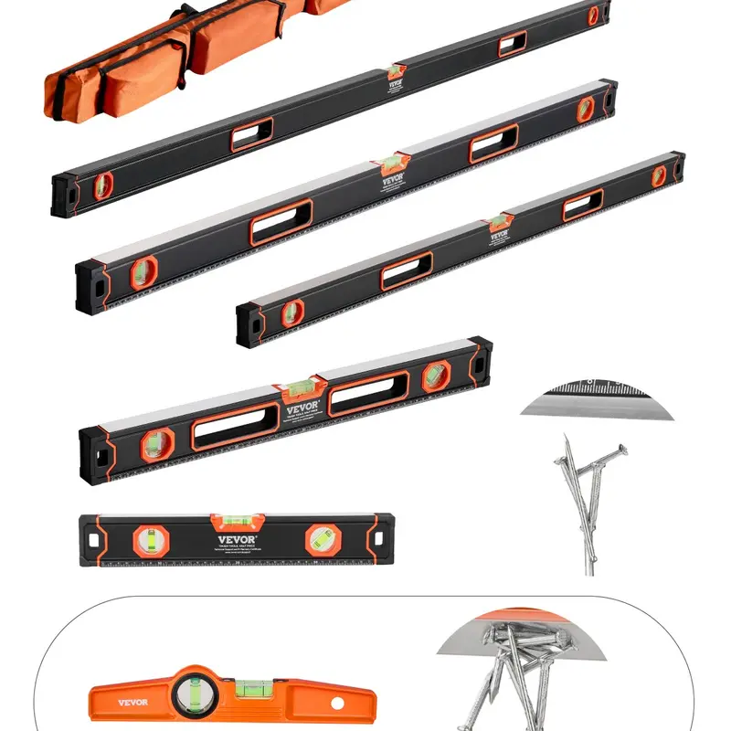 VEVOR 6-Piece Aluminum Alloy Torpedo Level Tools Kit Set, 10/16/24/32/48/78 Inches, Magnetic Handle, Light-Up Read Bubble Vials, Heavy-Duty, Portable, Storage Bag