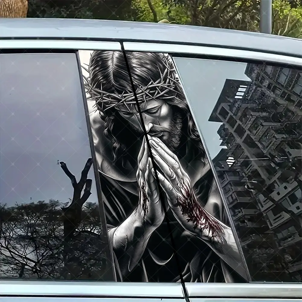 2pc Jesus Prayer Car B-Pillar Sticker, Vinyl Protection Decal, Easy Peel & Stick, Sunproof Waterproof Scratch-Resistant, Car Decoration, Car Decorative Sticker, Sticker For Cars, Vinyl Decals, Vehicle Exterior Decoration