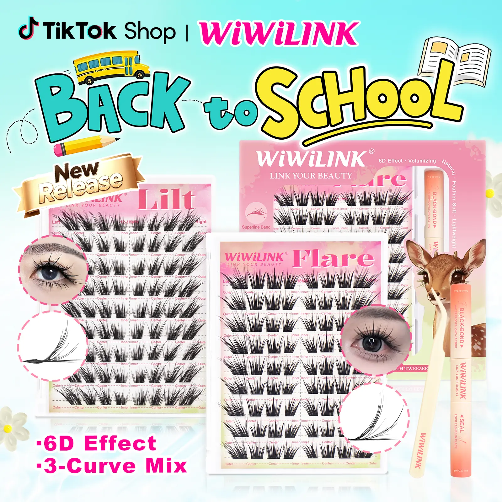 WiWiLINK Flare Lilt 6D Cluster Lashes Kit, LC /LB Curl DIY Lash Extension Set, 12-18mm Mixed Individual Clusters, Soft Thin Band Waterproof Long-Lasting Eyelashes with Lash Bond, Seal & Tweezers