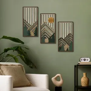 Boho Style Mountain & Tree Pattern Wood Grain Print Wooden Wall Art, 3 Counts/set Wall Decor for Home Living Room Bedroom Office, Wall Art Decor, Ornaments, Modern Home Decor, Decoration
