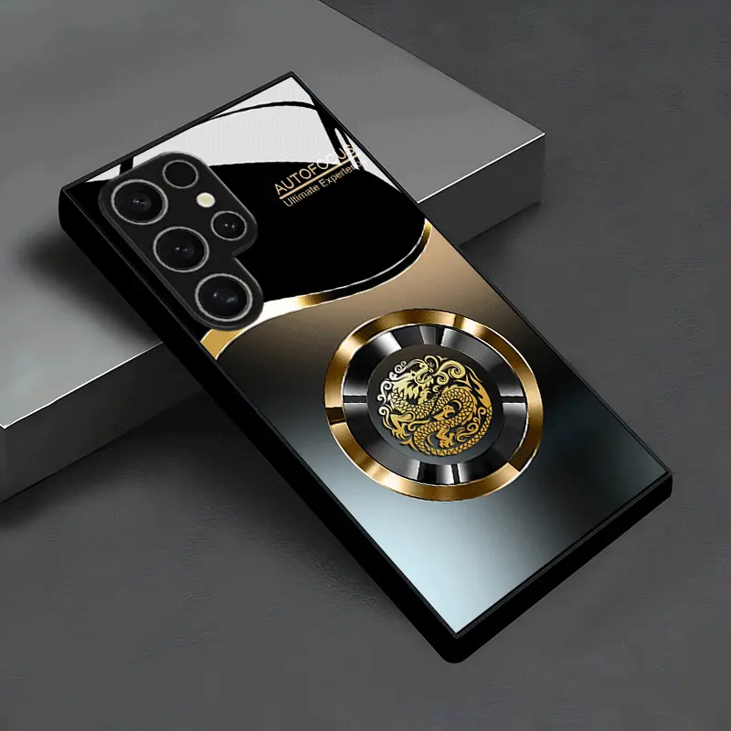 Gold-black gradient dragon pattern logo design glass phone case, suitable for Samsung Galaxy A14 A15 A16 A23 A24 A25 A26 A32 A34 A35 A36 A52 A53 A54 A55 A56 S21/S22/S23/S24/S25/S26 FE/Plus/Ultra