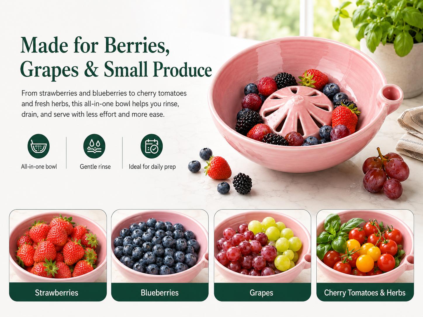 wowsome Self-Spinning Berry Washing Bowl,Glazed Ceramic Berry Bowl with Raised Center and Drainage Holes,Fruit Rinse Colander for Strawberries,Blueberries,Grapes,Cherry Tomatoes and Small Produce