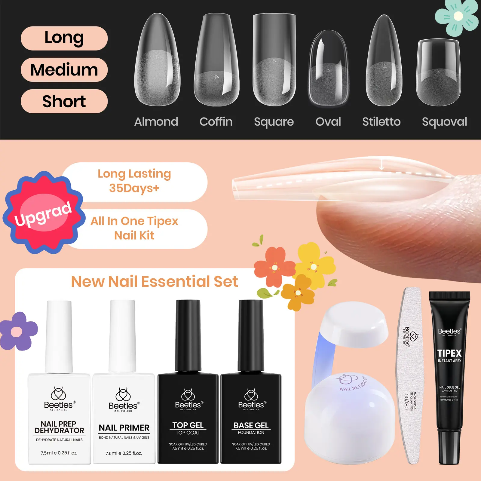 Beetles Tipex Instant Apex Nail Tips Kit Extra Short Squaoval , 224 Pcs Pre-Building Pre-Etched False Nail Tips with Tipex Nail Glue, Mini Nail Lamp-Thick Acrylic Nail Tips Set