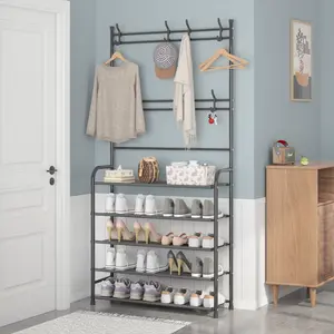 UDEAR Coat Rack,3-in-1 Multifunctional Storage Shelf with 5-Tier Shoe Bench and 8 Hooks,for Entrance Foyer Bedroom,Black storage Organiser Steel