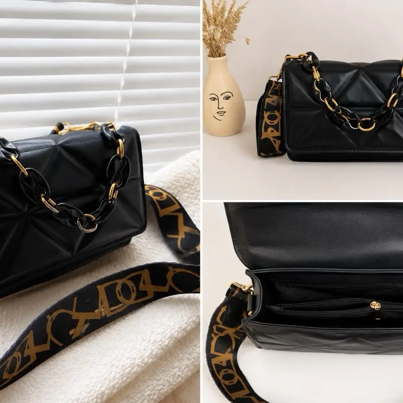 Luxury Black Geometric Chain Crossbody Bag for Women