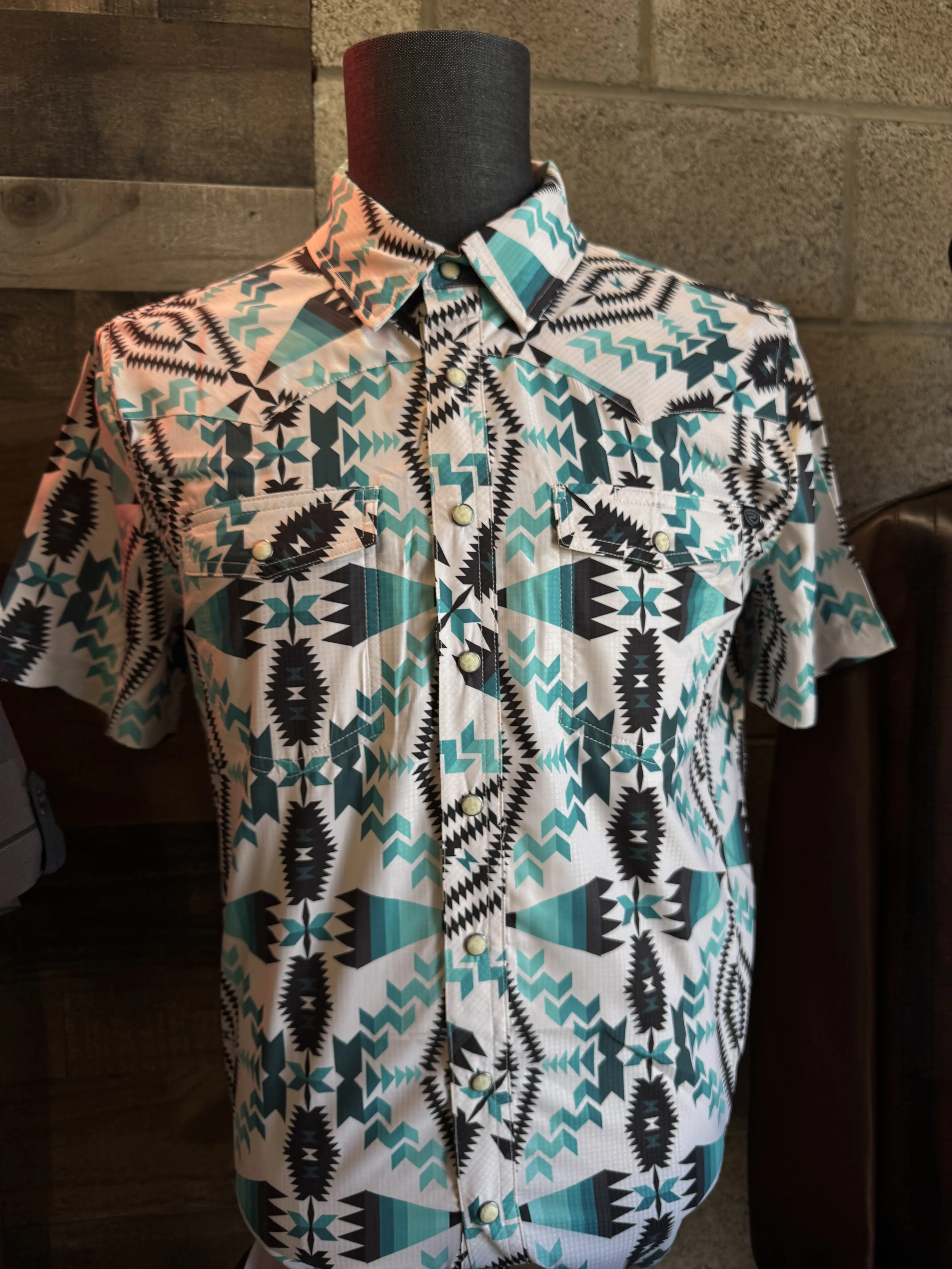 PANHANDLE FLEX TECH Beige/Teal Aztec Short Sleeve Camisa Fina Fitted Print Luxury Shirt for Men