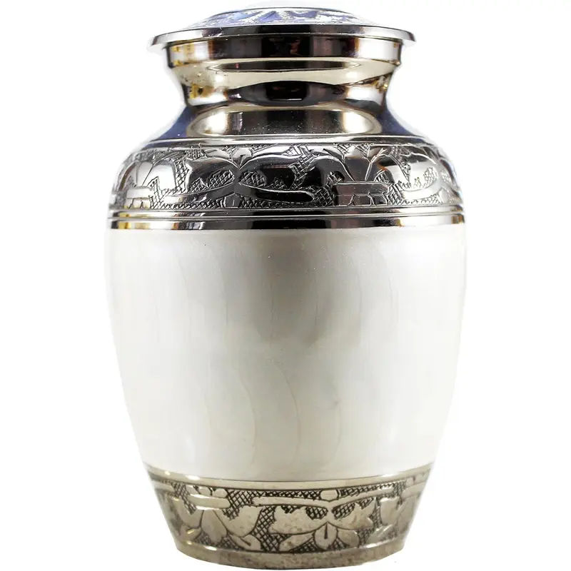Cremation Urn Memorial Container Jar Pot| Metal Burial Urns| Keepsake for Ashes| Brass - White - 6" Inches (Medium)