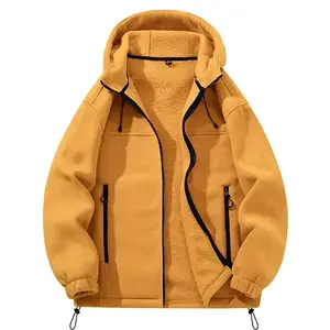 Men's Yellow Fleece Lined Hoodie - Sherpa fleece outer layer, full zipper with drawstring adjustments, zippered pockets, comfortable winter jacket, ideal for low temperature weather & casual styling