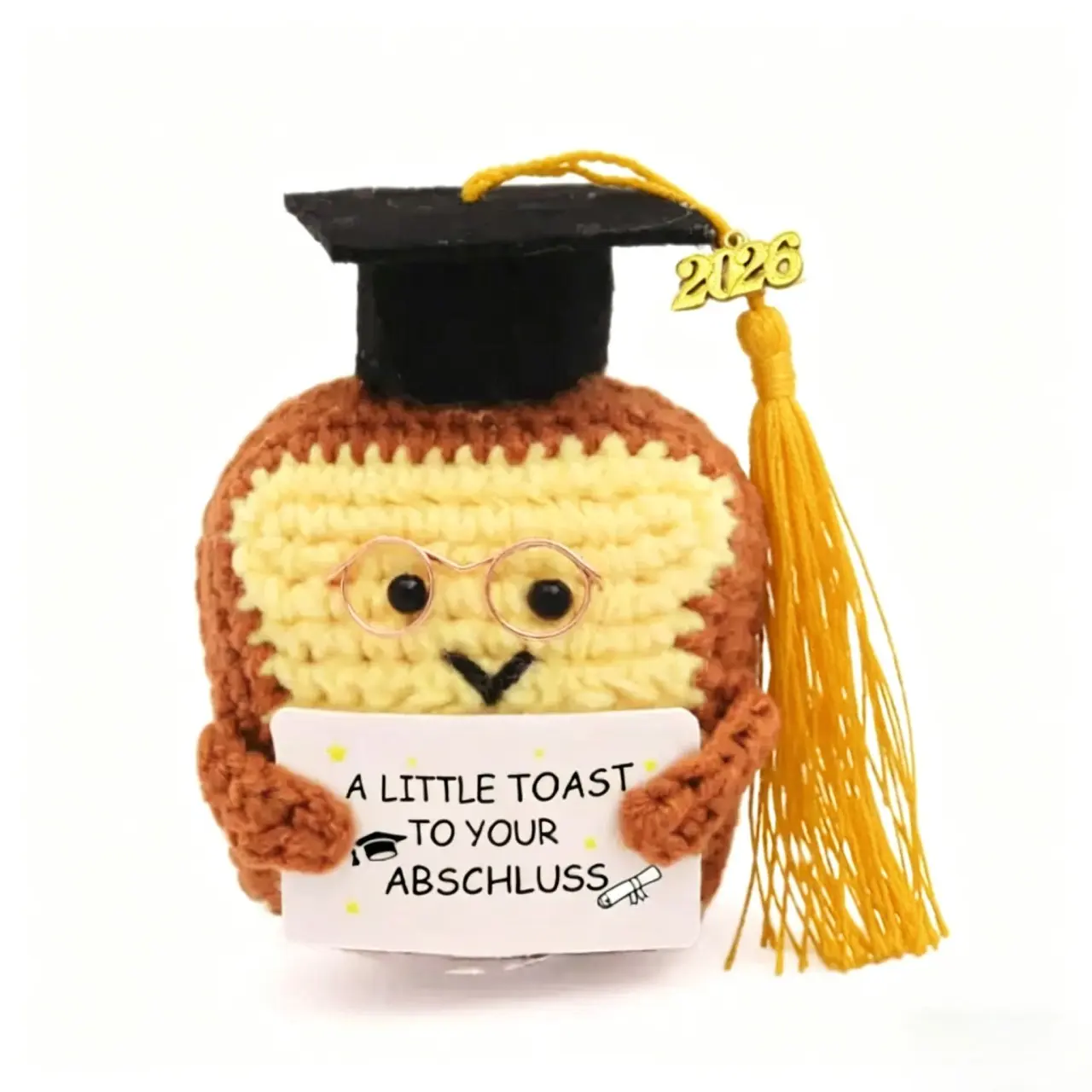 Crochet Toast Plush - Handmade Emotional Support Graduation Gift 2026, Stuffed Animal Gift | Desk Decor for Daughter, Son| "Toast to Your Abschluss" Amigurumi with Mortarboard Cap | Cute Graduation Party Favor and Study Roo Handmade Crochet Figure