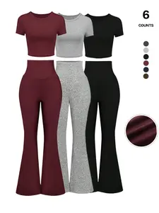 Women's Basic Solid Top & High Waist Flared Leg Pants Set, Casual Chic Fashion, Cozy Round Neck Tee & Bell Bottom Trousers, All Seasons