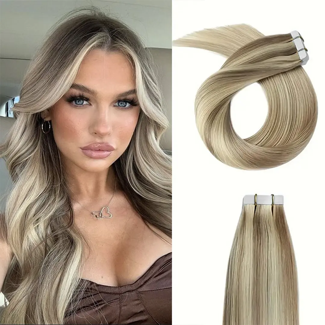 Encharm Tape In Hair Extensions Human Hair, P6/60# 50G 20Pcs | Remy Human Hair Extensions, Double Sided Tape, Seamless Invisible Skin Weft, Silk Straight Texture, Real Human Hair