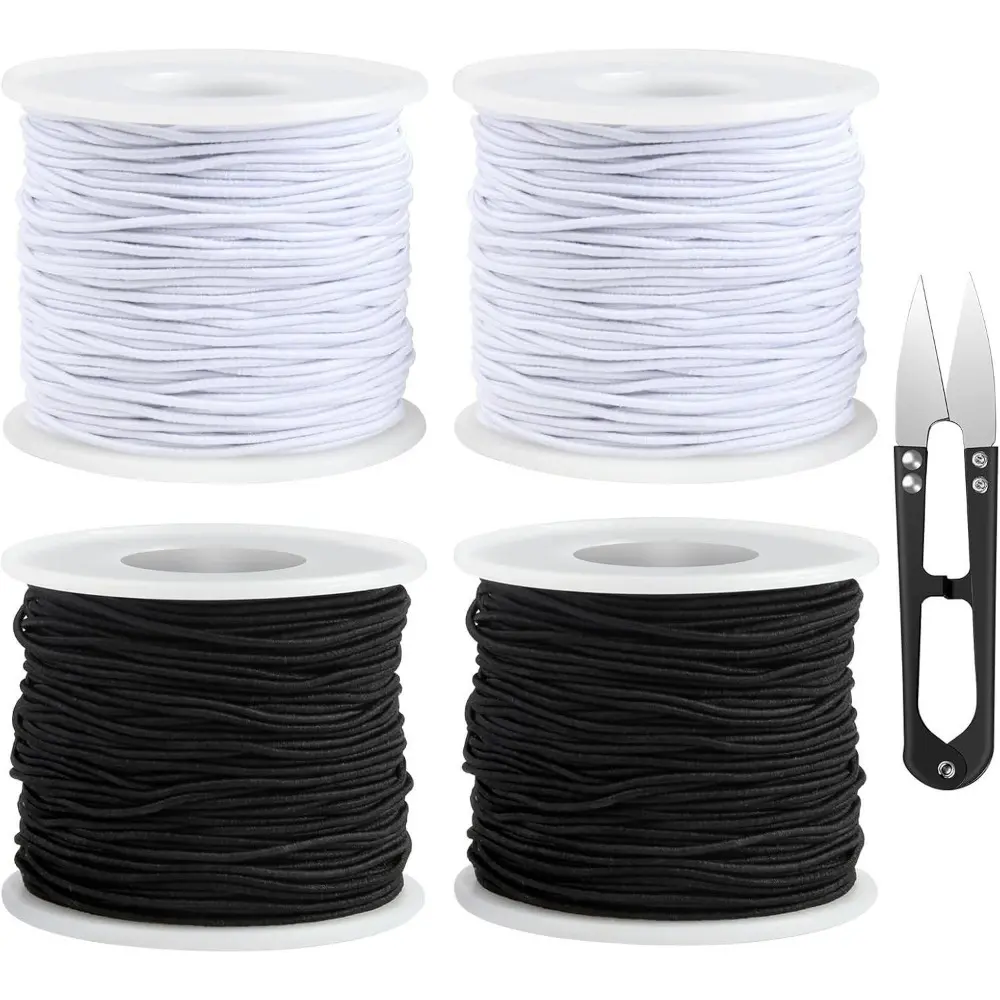 4 Rolls Elastic Bracelet String Tool Kit - 1mm x 50m Rubber Beading Thread with Scissors, DIY Craft Supplies for Jewelry Making (Black & White)