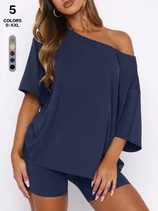 Trendy Asymmetrical Shoulder Two-Piece Set, Loose Fit Lightweight Short Sleeve Top & Slim Shorts, Summer Casual for Women，loungewear
