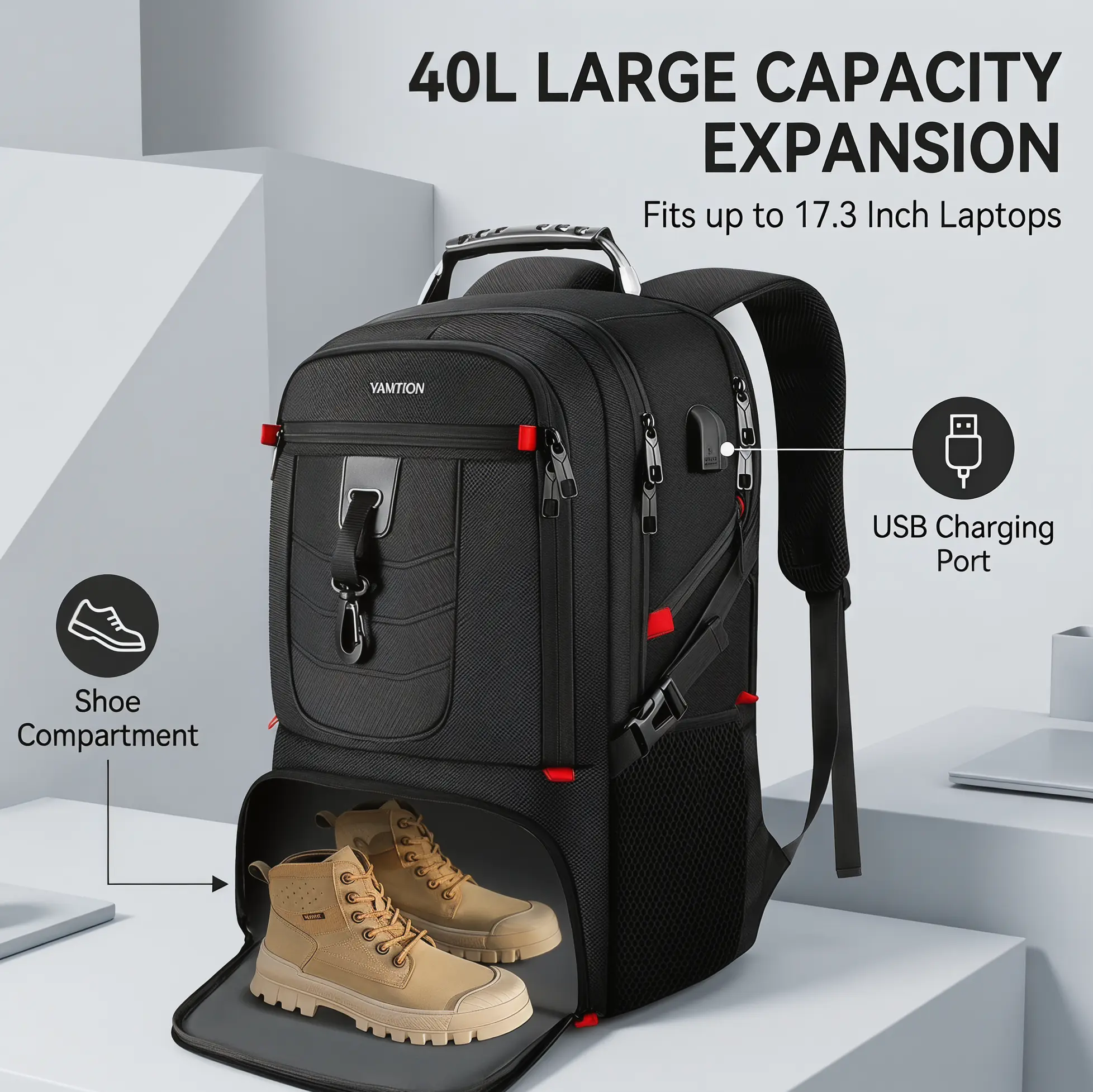 Multifunction Unisex Travel Backpack: 40L Expandable Capacity, Anti-theft Hidden Pocket, 17.3in Laptop Sleeve & SBS Zippers