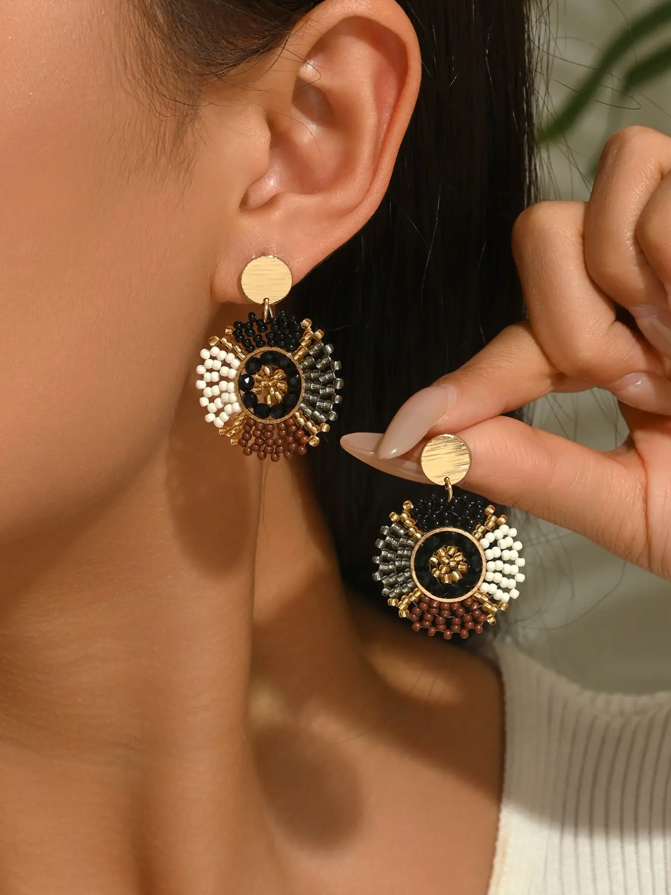 Handmade Multicolor Beaded Mandala Drop Earrings, Bohemian Earrings, Boho Statement Dangling Earrings for Women, Brown, White Color Scheme, Artisanal Design, Perfect for Fall, Everyday Wear & Casual Outfits, Trendy Handcrafted Jewelry