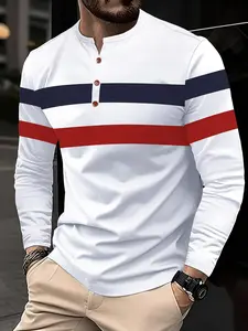 Men's Colorblock Print Button Front Half Placket Shirt, Regular Fit Casual Fashion Long Sleeve Round Neck Top for Fall & Winter, Men's Clothes for Daily Wear, Longsleeves