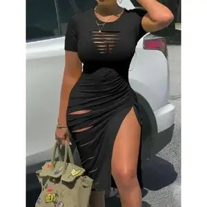 Women's Black Plain Cut Out Ripped Split Thigh Bodycon Dress with Drawstring Side Ruched for Party Club Dating Wear Formal Workwear Womenswear Basic Single Jersey Crewneck Minimalist Short Sleeve