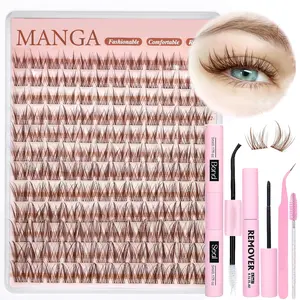 BROWN 144pcs C Curl Cartoon Eyelash Cluster Kit, Natural Look Fine Thread DIY Lash Extension Set with Glue Remover Tweezers Brush, Cosmetic Individual Lashes