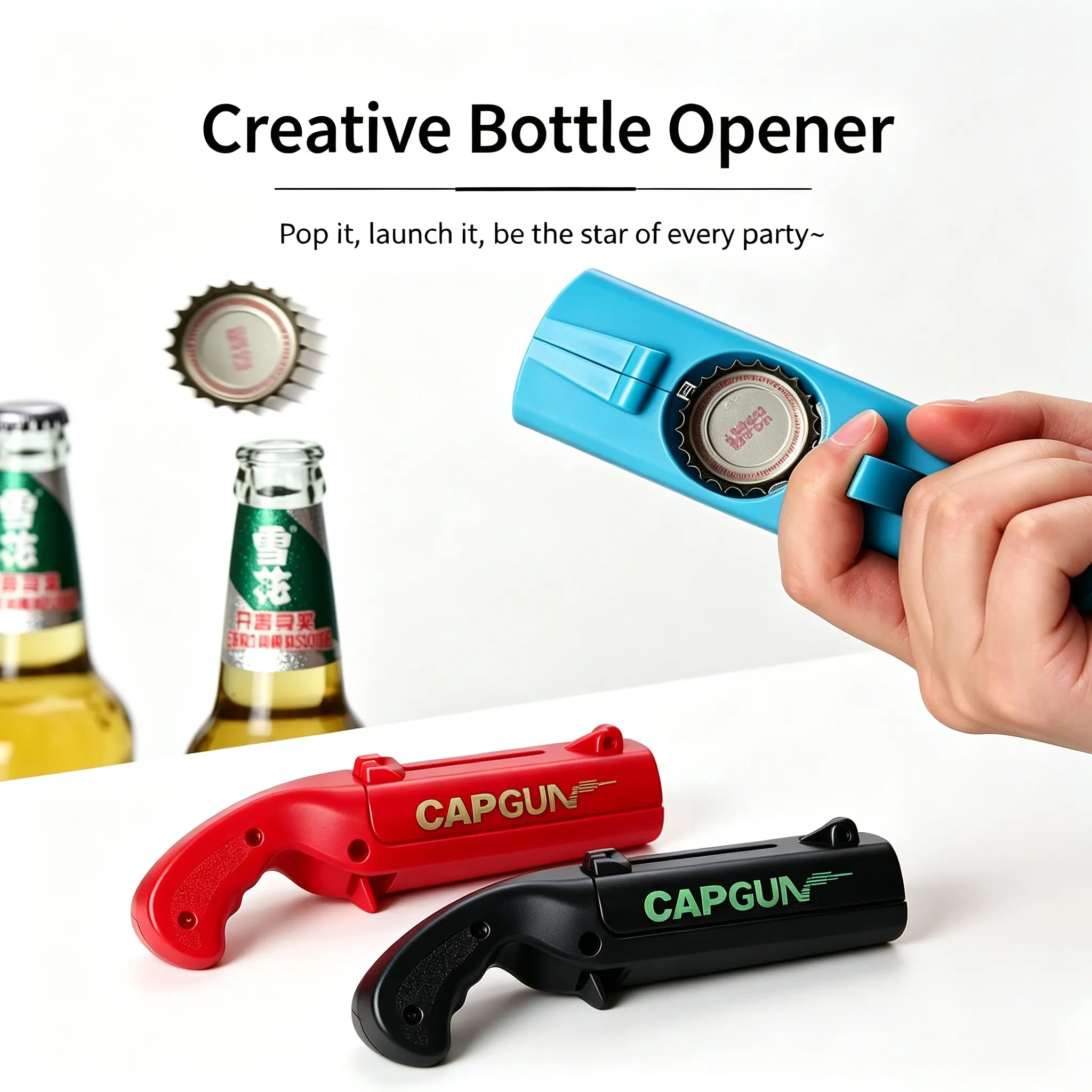 Gun-Shaped Cap Launcher Keychain Bottle Opener - ABS Kitchen & Bar Utensil, Portable Tailgate & BBQs Gadget, Novelty Gift for Men (Father’s Day, Birthday, Anniversary)
