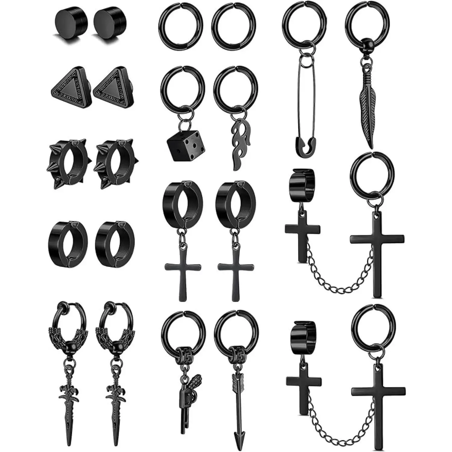 FLORIDECO 22-Piece Stainless Steel Unisex Statement Earrings Set - Cross Chain Pendant, Hoop Designs, Non-Piercing Casual Earring Clips, Stackable Daily Jewelry Accessory, Casual Earring Clip