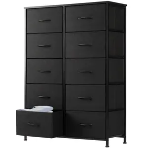Lockers for Bedroom with 10 Fabric Drawers, Tall Chest Organizer Units for Clothing, Closet, Kidsroom, Storage Tower with Cabinet, Metal Frame, Wooden Top, Lightweight Nursery Furniture