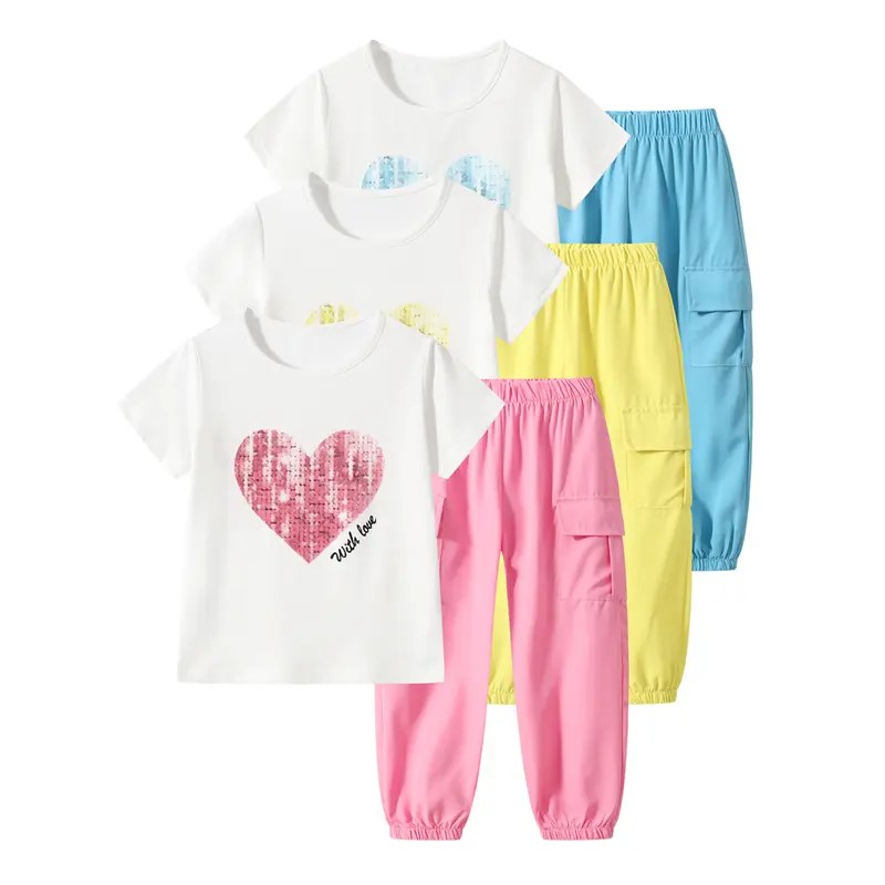 #SummerVibes 6-piece girls' summer leisure suit 4-12-year-old children's heart-shaped printed short-sleeved shirt and solid color jogging pants suit Cute Clothing Set Combined Set