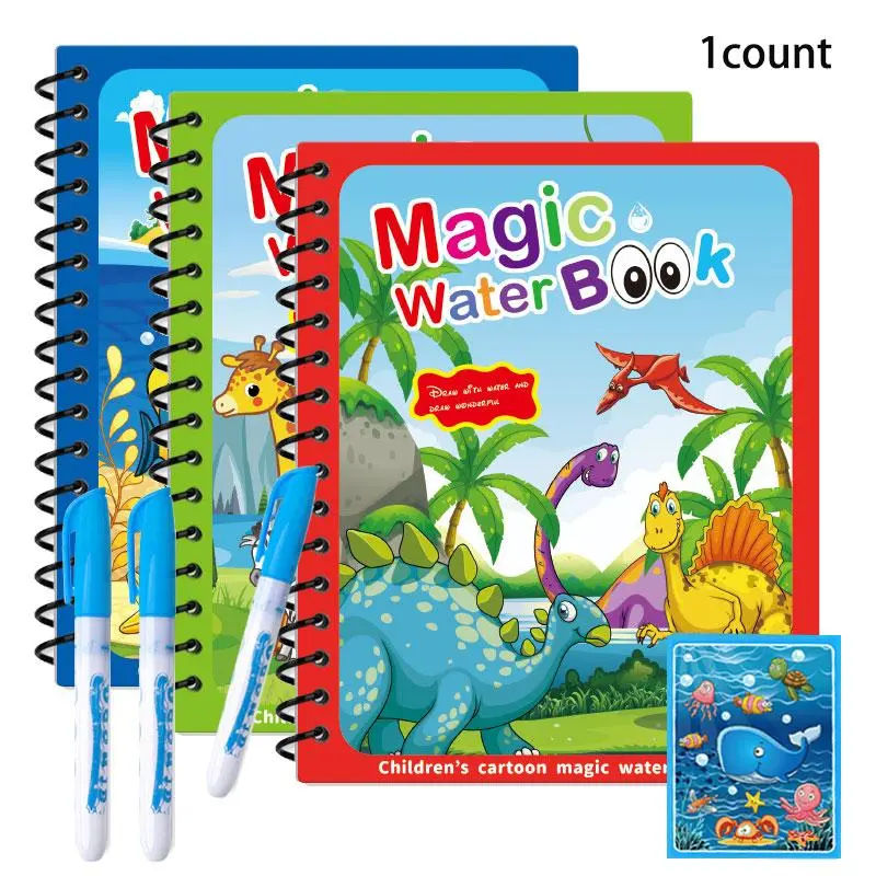 Reusable Magic Watercolor Book with Colorful Pens, Artistic Tools, Educational Toy for Kids, 3 Styles Ocean Animals, Animal & Dinosaur, Perfect Gift for Birthdays, Watercolor Workbook, Watercolor Painting Book, Painting Supplies