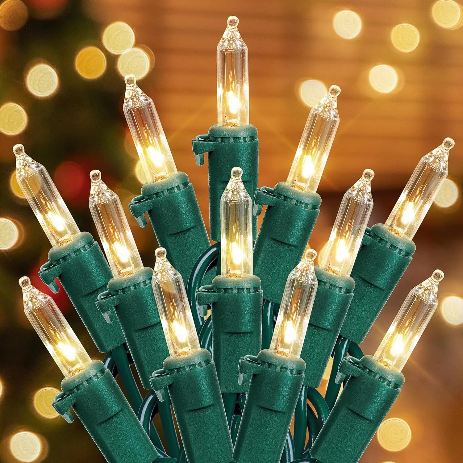 Hopolon 2 Pack Warm White Christmas Lights, 50-Count Green Wire | 13FT incandescent mini light with clear bulbs, plug in 120V, connectable for Christmas tree, wedding, bedroom, porch decor
