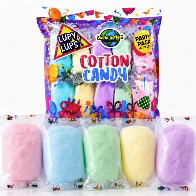 Cotton Candy Party Pack 10 Pz (5.3oz) - Assorted Colors and Flavors - Individually Wrapped Small bags – Perfect por Party Favors, Gifts and Candy Bowls (Blue Raspberry, Pink Strawberry, Purple Grape and Yellow Banana) LUPY LUPS!