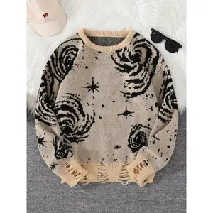 Men's Graphic Pattern Ripped Crew Necks Drop Shoulder Sweater, Loose Casual Long Sleeve Round Neck Jumper for Fall & Winter, Sweaters for Fall, Fashion Men's Knitwear for Daily Wear Knitted Sweater, Sweaters for Men