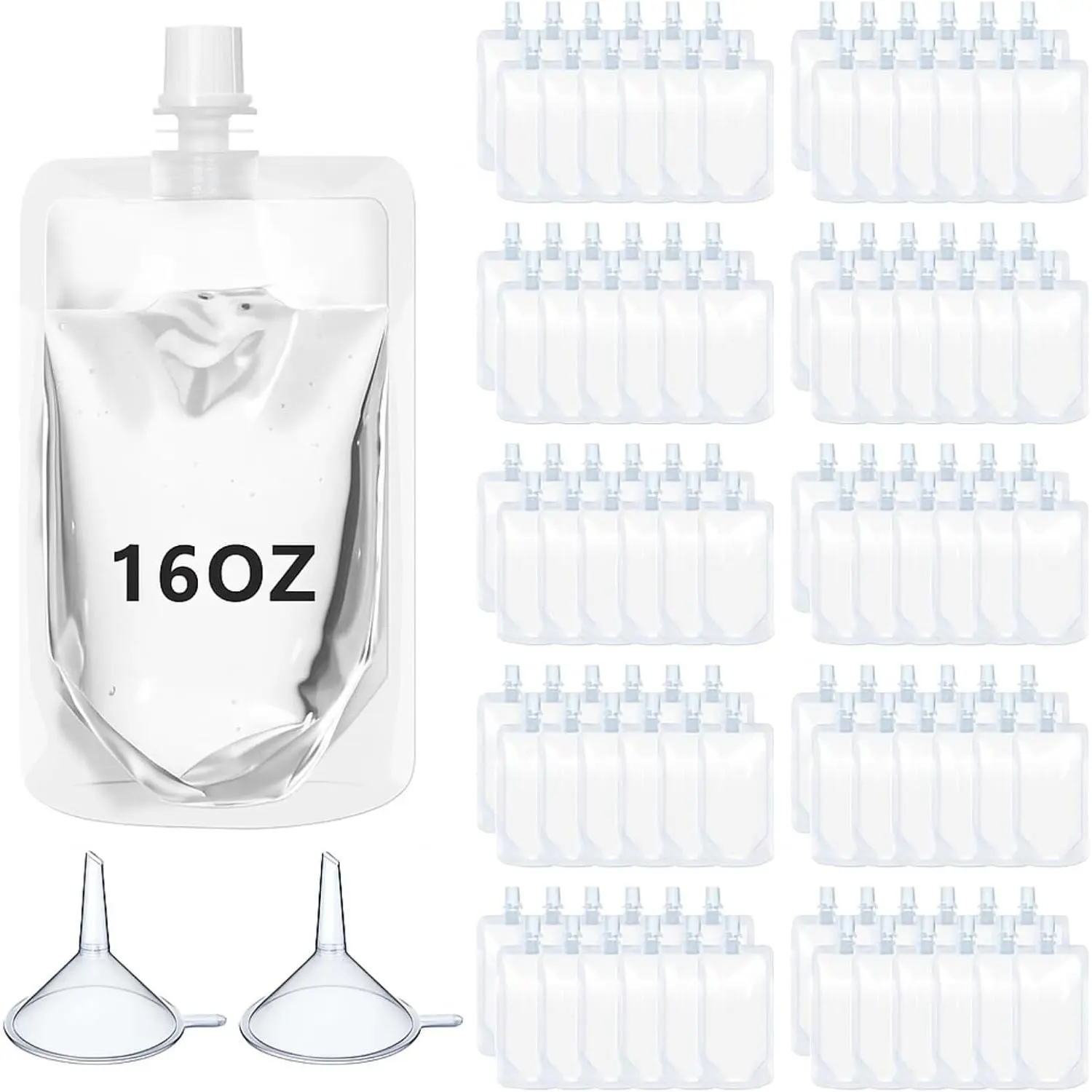 100 count Plastic Flasks Disposable Drink Pouches Clear Juice Bags Salsa Leakproof Squeeze Pouches for Travel (16 oz)