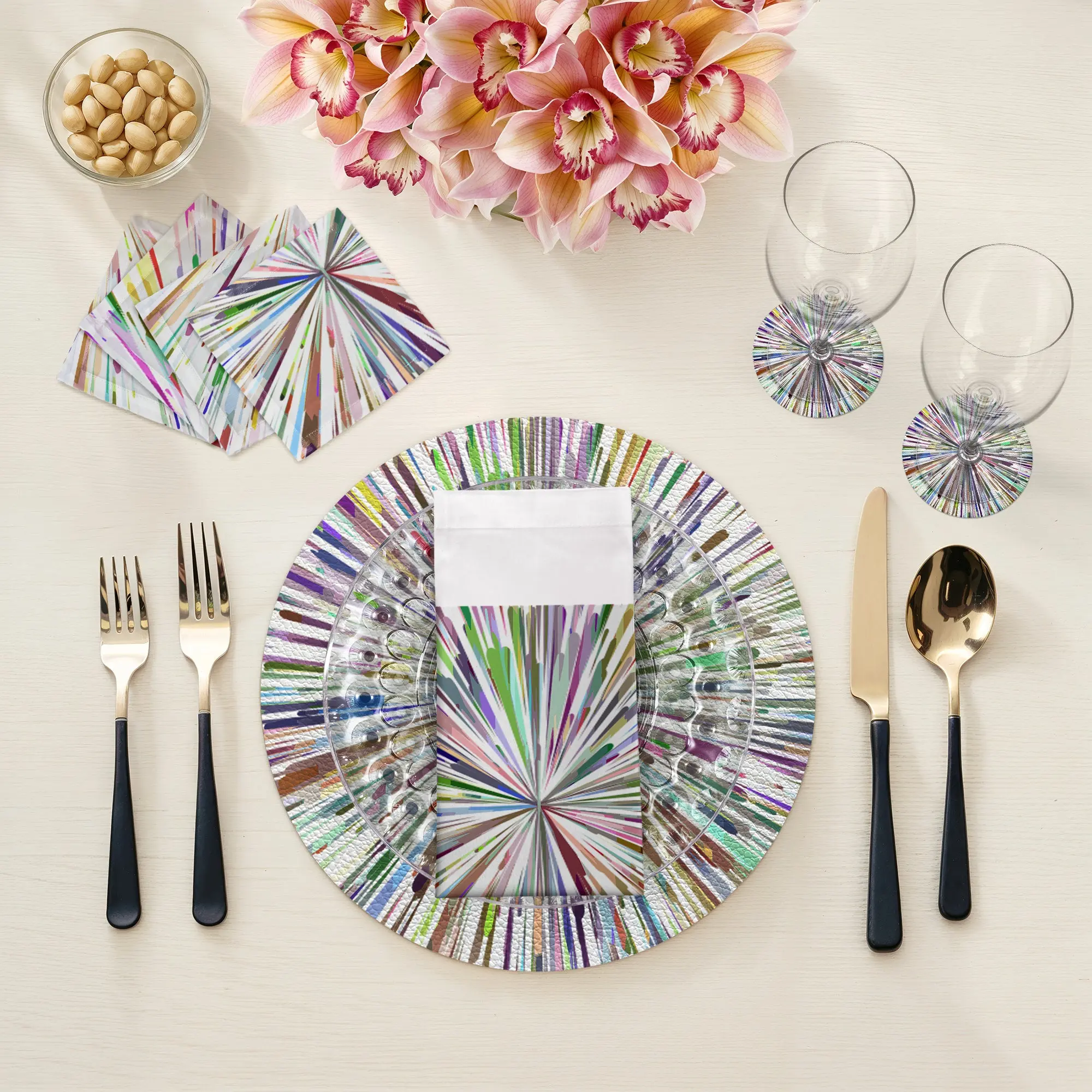 Fireworks White Vegan Leather Round Pebble Placemat