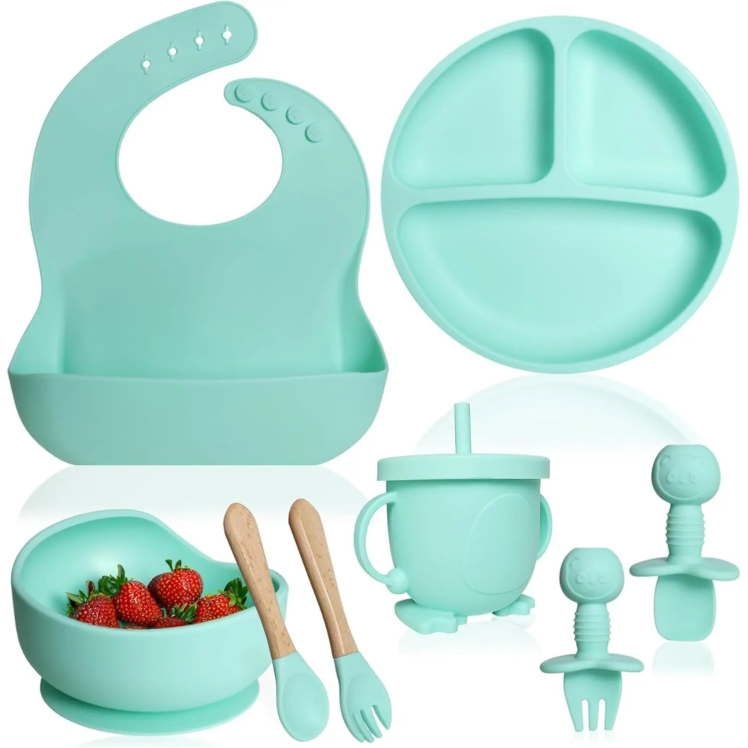 Silicone BFeeding Set - BLed Weaning Supplies - BSpoons, Suction Bowl - Plate - BUtensils - Silicone Feeding Set for BFirst Foods, Infant Eating - 8pcs - Green