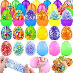 12 Pack Prefilled Easter Eggs with Toys & Stress Relief Fidget Balls Easter Basket Stuffers Squishy Sensory Toys Easter Egg Fillers for Kids Classroom Party Favors Gifts