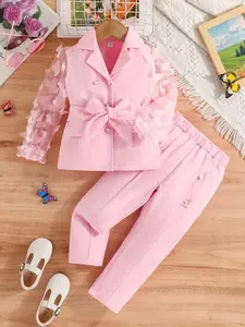 Girls' 2-Piece Fall-Winter Outfit Set (girlset) - Hollow-Out Sleeve Elegant Butterfly-Decor Coat, Loose-Fit Polyester Pants, Cozy for Outdoor Activities