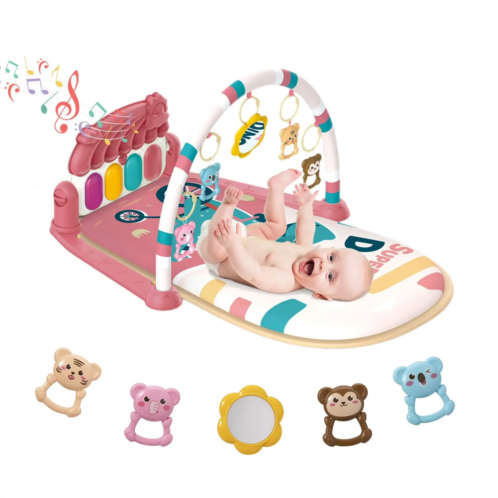 Baby Play Mat Baby Gym with Piano Tummy Time, 5 Infant Learning Toys, Music & Lights, Pink, Suitable for Newborns 0 to 3 Months & 6 Months to 9 Months Nursery