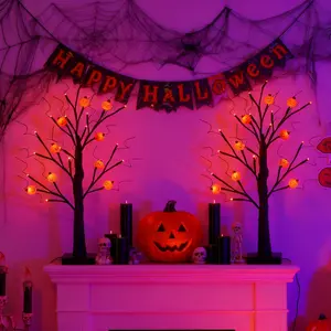 2-Piece Set, 24-Inch Halloween Black Horror Tree Lights with Orange and Purple Lights, Battery + USB Powered, Halloween Decorations, Suitable for Indoor Home Use, Holiday Party Decorations Spooky