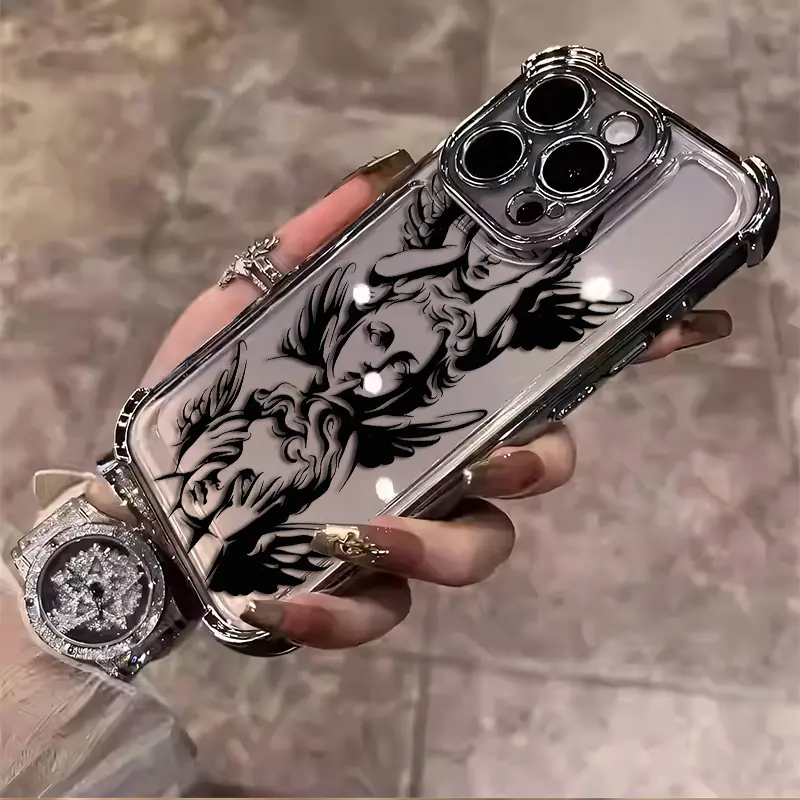 Electroplated TPU Shockproof Cellphone Casing - Black Angel Cupid God of Love Sacred Pattern, Creative Exquisite Design, Drop-proof Transparent Soft Silicone Cover for iPhone 11/12/13/14/15/16/17 PRO PLUS MAX AIR, Samsung Galaxy S25 Handheld Devices
