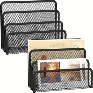 Desk Mail Organizer, Mesh Metal Countertop Holder with 3-Slot Letter Sorter, Office Envelope Organizer (Black 2 Pack)