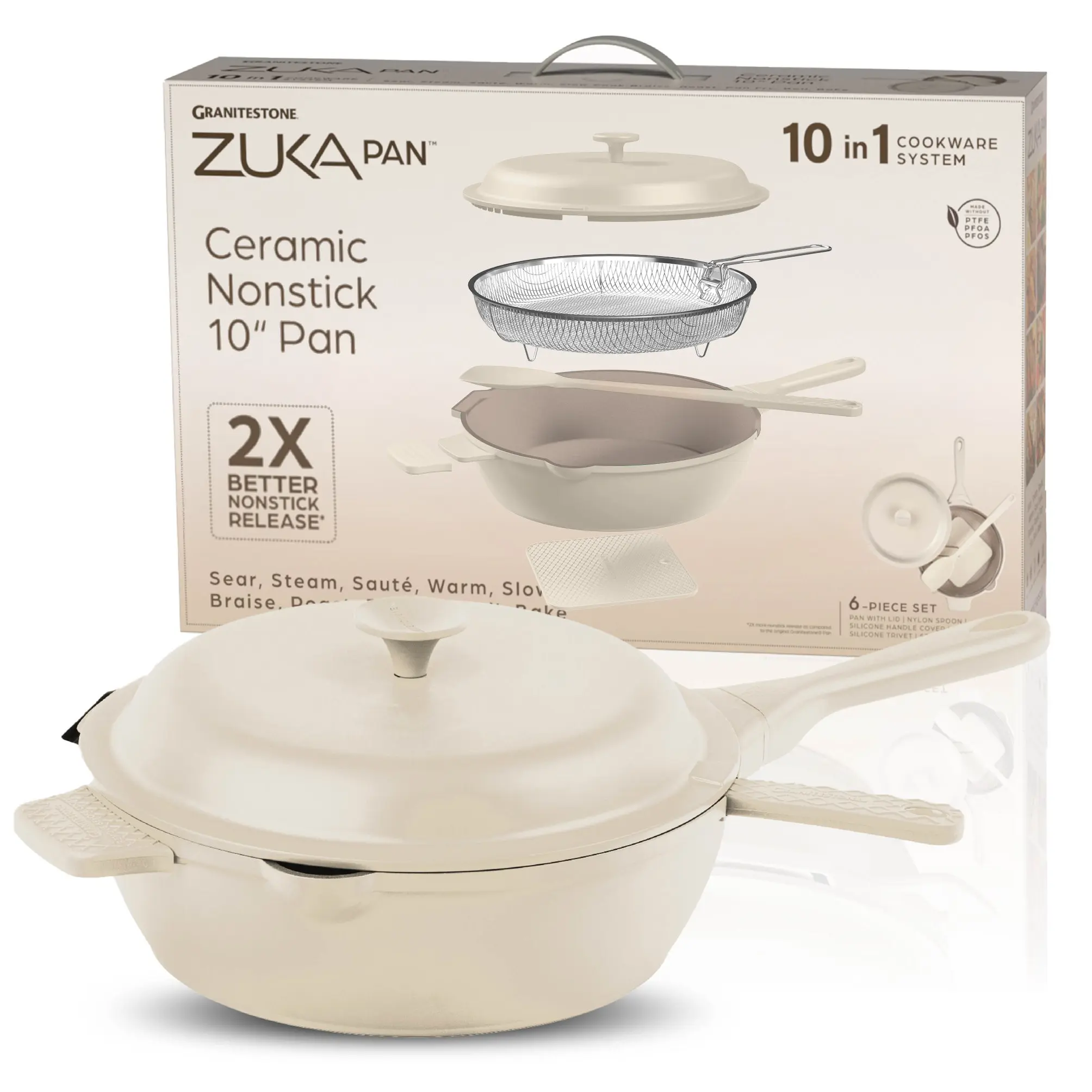 10" Zuka Pan – 6-Piece Multi-Functional Everyday Pan Set with Lid, Nylon Spoon & Steamer Basket