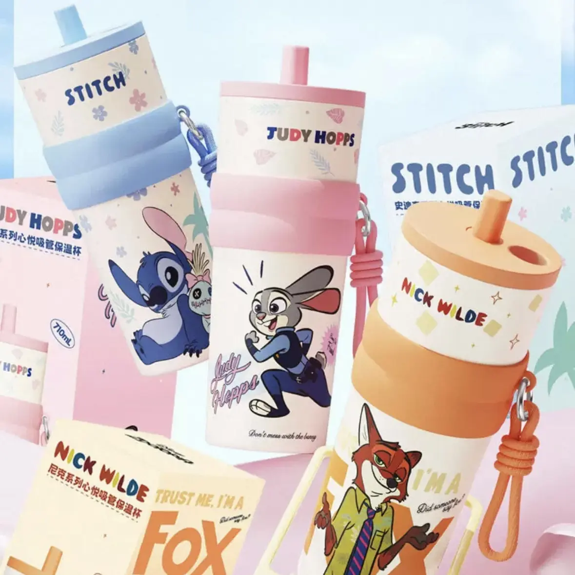 Disney Series Insulated Straw Water Bottle - 720ml (24oz) Reusable Portable Thermal Cup with Lid, Silicone Accents, Judy Hopps/Nick Wilde/Stitch Designs, Hot & Cold Drinkware for Girlfriends (Valentine Gift), Water Bottles