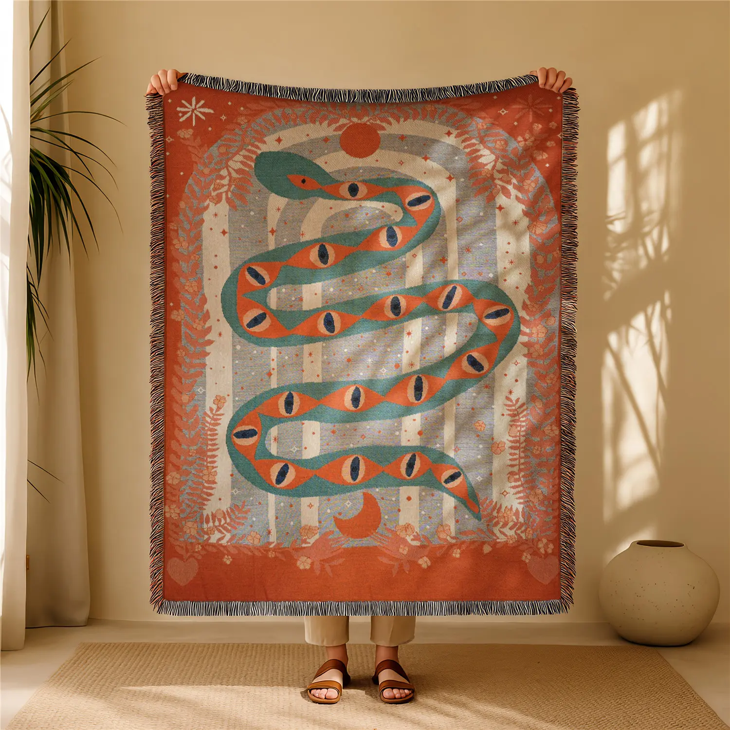 Orange Snake Bohemian Yarn Jacquard Woven Blanket with Tassel, Throw Blanket, Cozy Throw Blanket, Thick Soft Washable Blanket, Boho Blanket, Blanket with Tassels, Used for Home Decor Sofa Chair Bed Tapestry Tablecloth Floor Garden Picnic Outdoor Camping