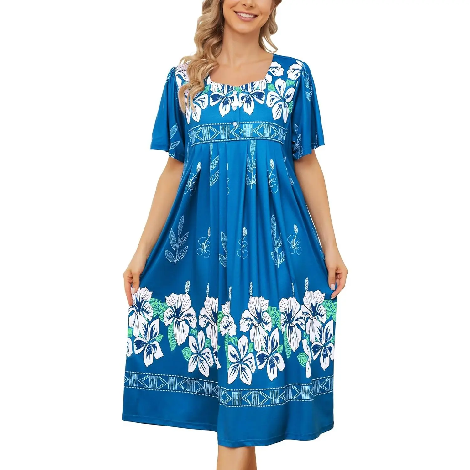 Nightgown for Women Hawaiian Muumuu House Dress Print Lounger Patio Dress with Pockets Moomoo