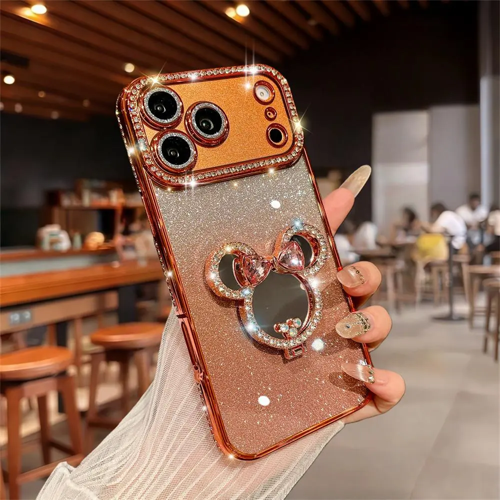 Luxury Flash Diamond Mirror 360 Rotating Stand Phone Case for iPhone 17 Pro Max 16 pro max Anti drop lens protection TPU soft shell Cellphone Smartphone Screen Protector Casing tiktokshopbacktoschool