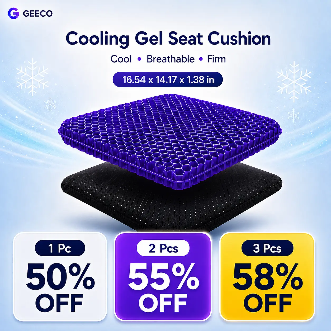 [SHAYNA Exclusive]GEECO Purple Gel Seat Cushion, Firm Honeycomb Cooling Seat Pad with Non-Slip Cover, 16.54 x 14.17 x 1.38 in, Washable Cushion for Office Chair, Car Seat, Home & Summer Sitting Comfort day gift