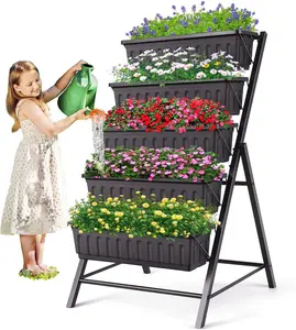 5-Tier Raised Garden Bed Planter Box, 4 Ft Vertical Garden, For Patio Balcony Flower Herb Freestanding Garden Planter, Artificial Plants