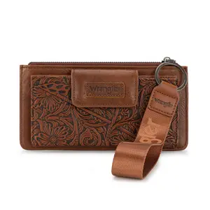 Wrangler RFID Floral Tooled Card Wallet/Wristlet for Women - PU Leather, 10 Card Slots, ID Window, Zippered Compartment, Vintage Style   Clutch Wallet with Zipper
