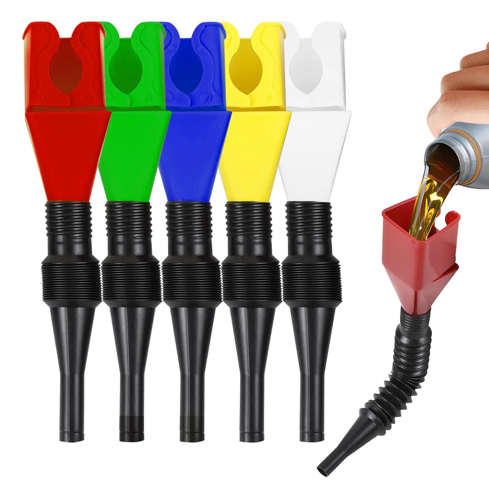 5PCS Automotive Snap Funnel Set – Flexible Retractable Oil & Fuel Funnels for Car, Truck, Motorcycle