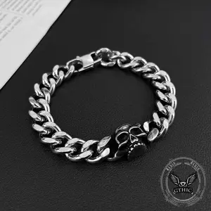 GTHIC Punk Skull Head Cuban Link Stainless Steel Bracelet Trendy Skull Chain Jewelry for Men Women Casual or Event Looks